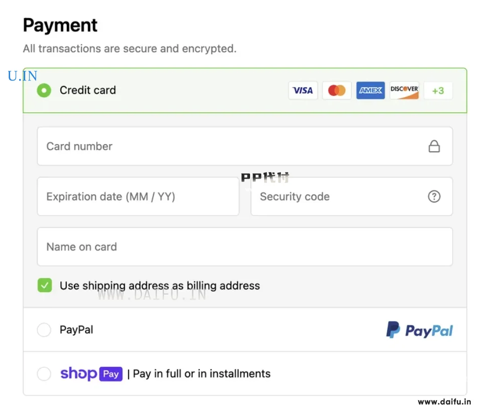  Shopify 结账界面可以使用visa或者PayPal