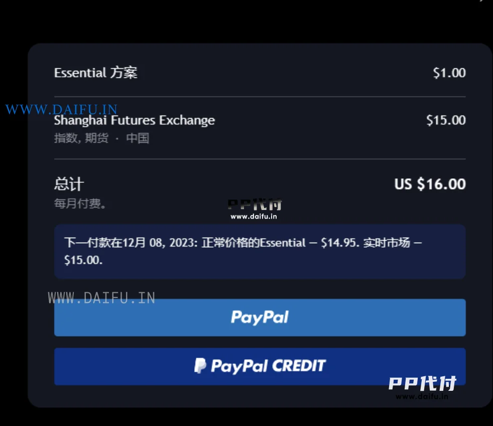 TradingView订阅页面，显示Essential方案和Shanghai Futures Exchange附加项