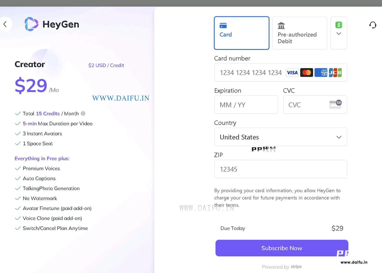 HeyGen付款页面填写VISA虚拟卡信息，PP代付代填示意