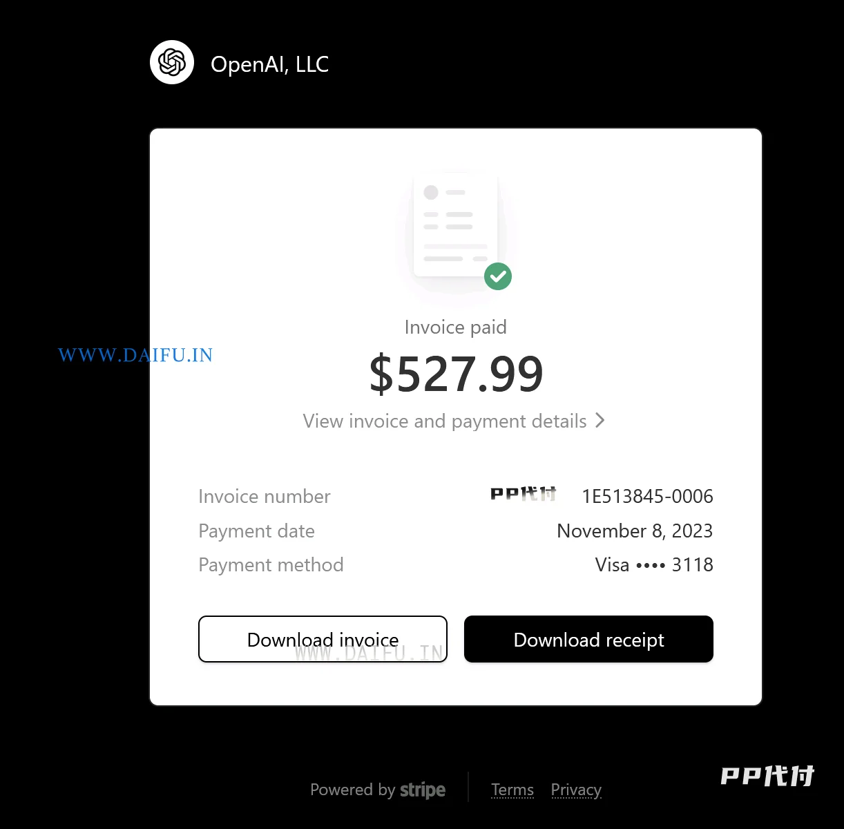 OpenAI API发票支付成功截图，527.99美元通过VISA虚拟卡完成