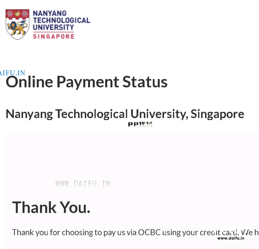 NTU在线付款状态显示Thank You，确认PP代付完成南洋理工大学学费
