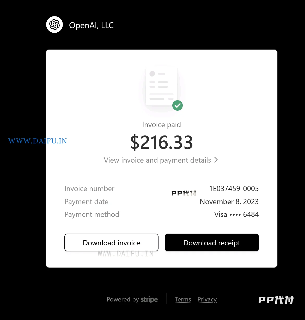 OpenAI API发票显示216.33美元通过PP代付VISA虚拟卡支付成功