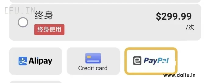 订阅页面显示299.99美元终身套餐，准备使用VISA虚拟卡代付完成付款