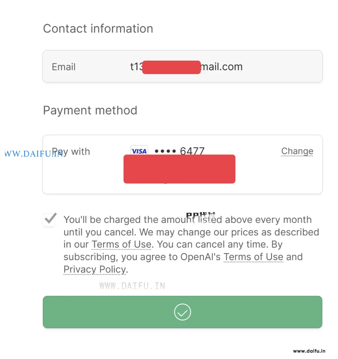 ChatGPT Plus续费页面展示VISA虚拟卡代付信息，确认扣款成功