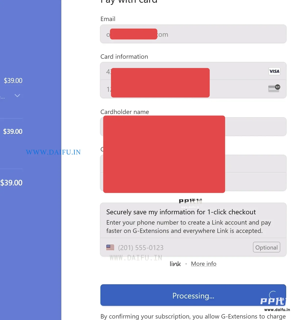 Stripe付款信息填写界面，正在输入VISA虚拟卡代付所需资料