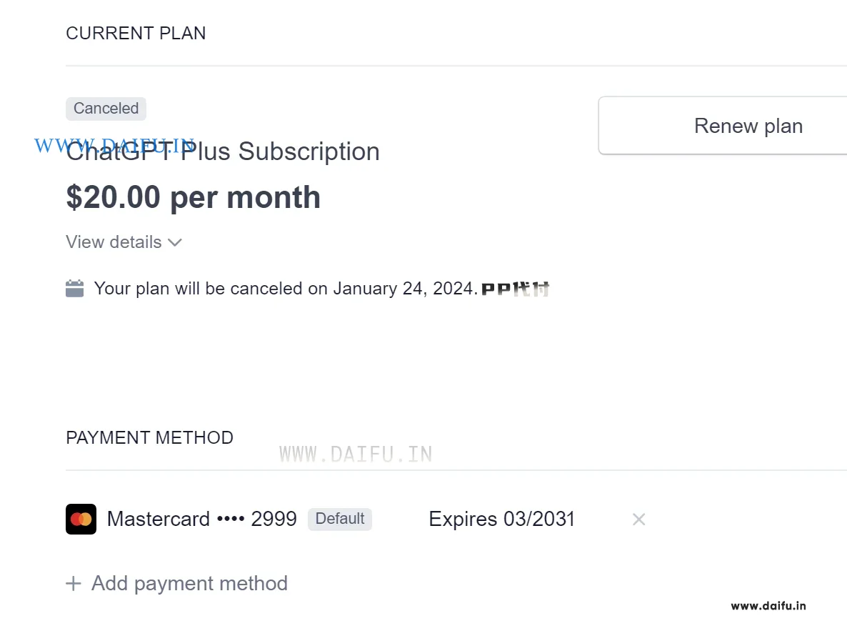 ChatGPT Plus账户显示需续费的界面，准备使用虚拟卡订阅ChatGPT Plus