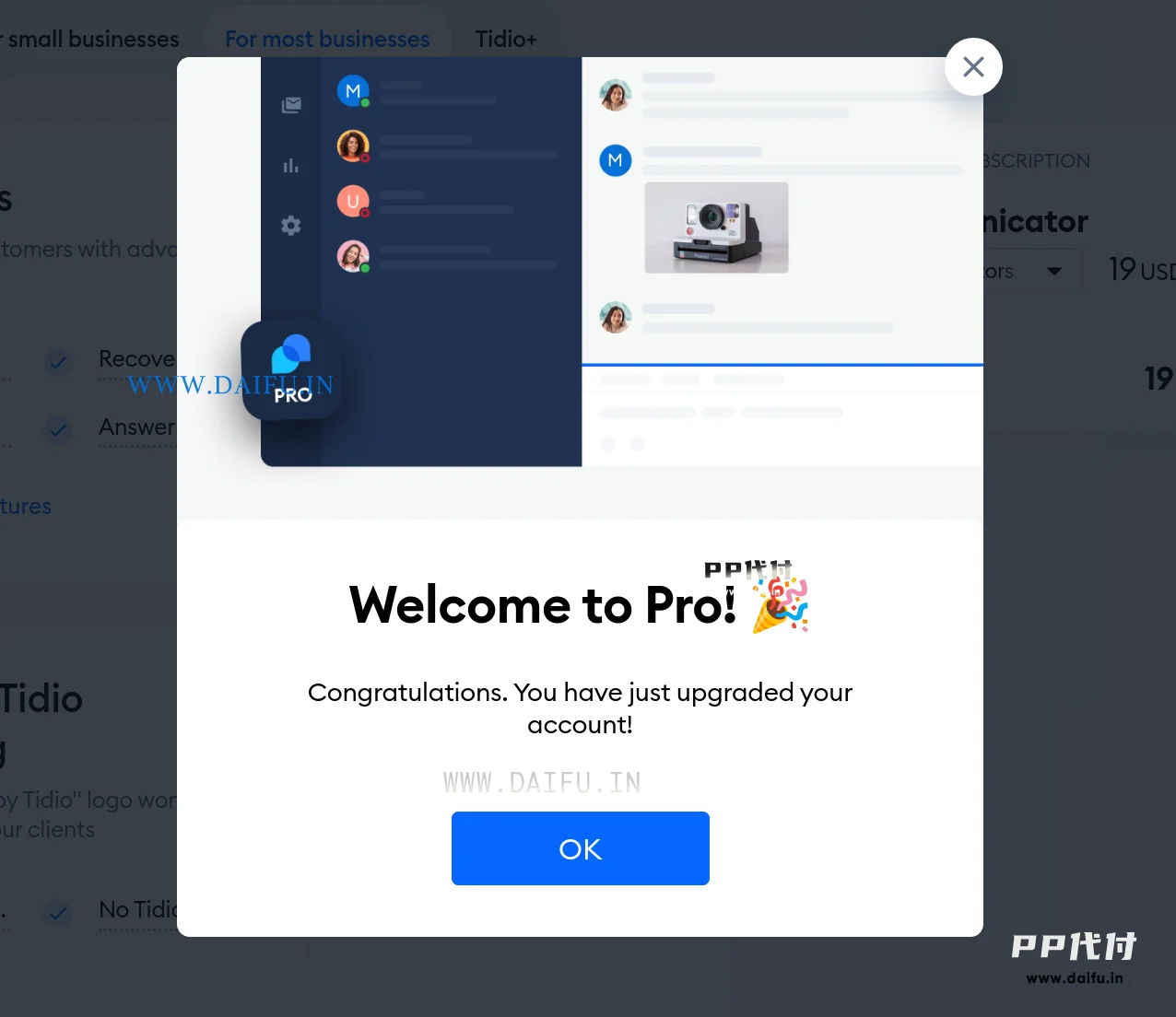 Tidio升级成功页面显示Welcome to Pro