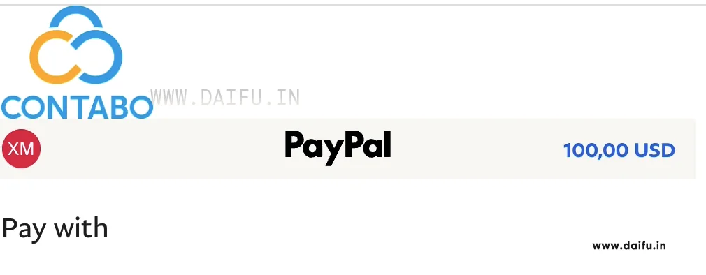 Contabo PayPal代付页面，显示100美元充值金额