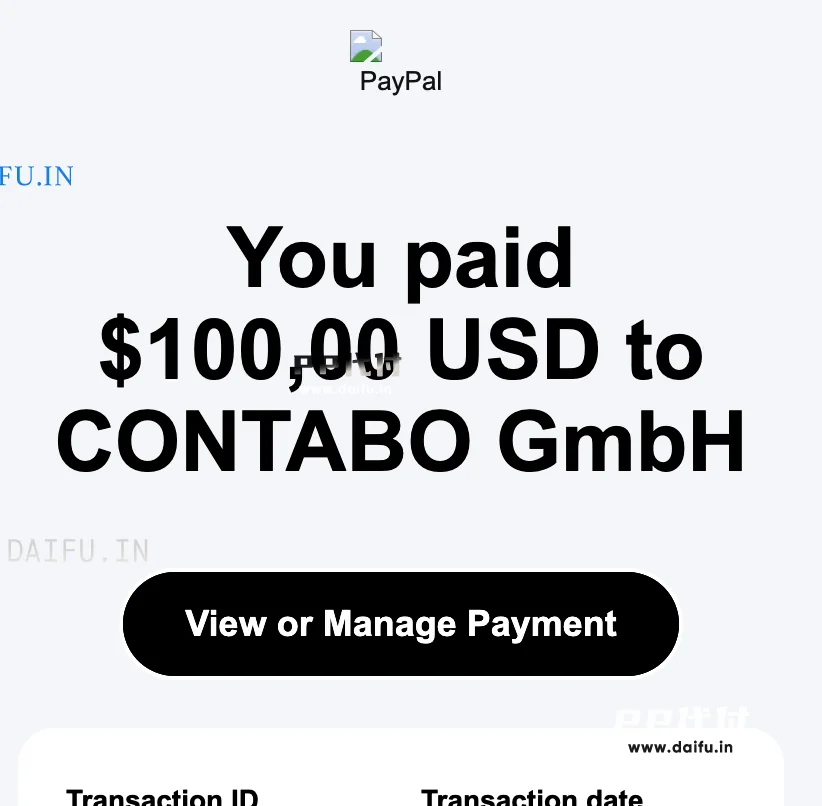 PayPal代付Contabo收据，100美元已付给CONTABO GmbH