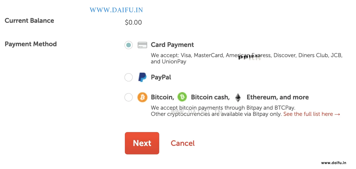 Namecheap充值页面展示虚拟卡付款入口