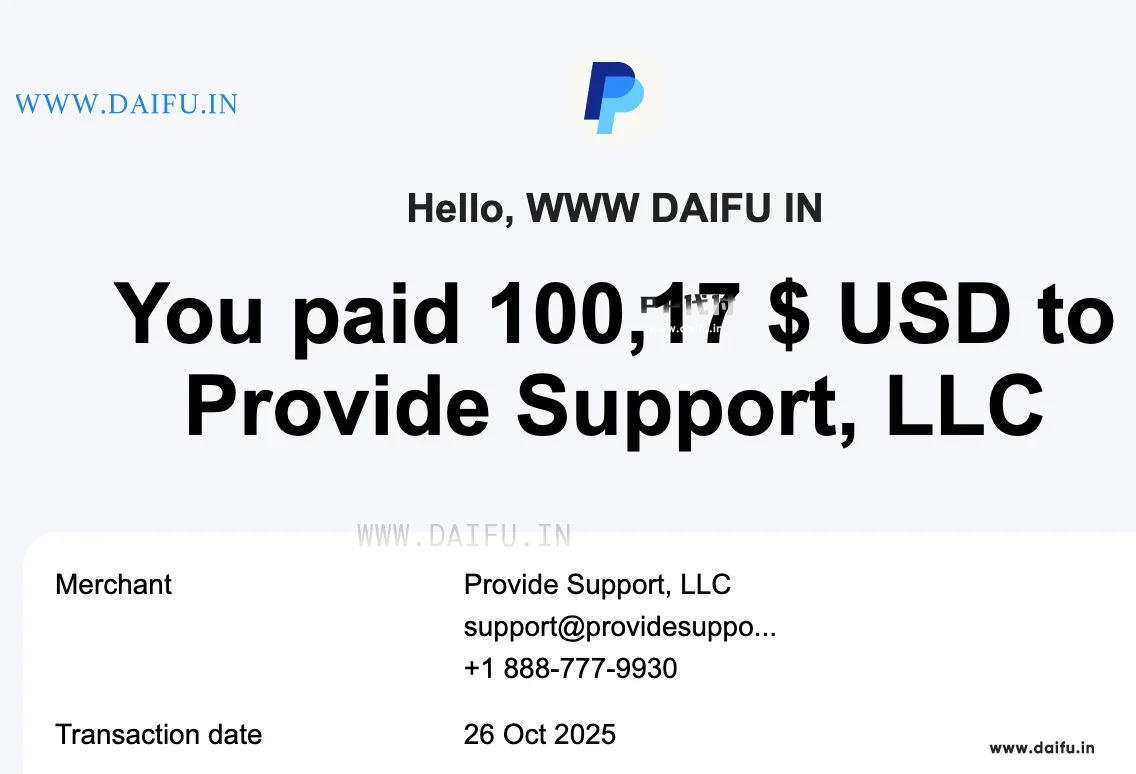PP代付PayPal代付ProvideSupport后收到官方邮件，确认100.17美元扣款成功