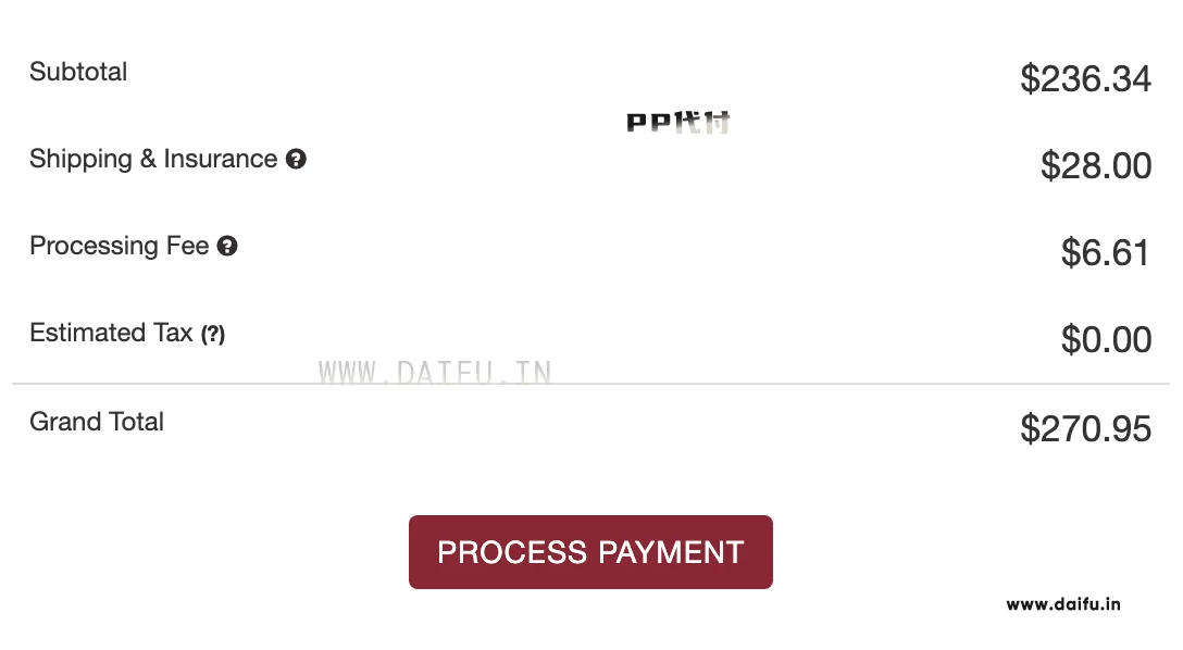 Pristine Auction订单费用明细显示270.95美元，PP代付PayPal代付费用