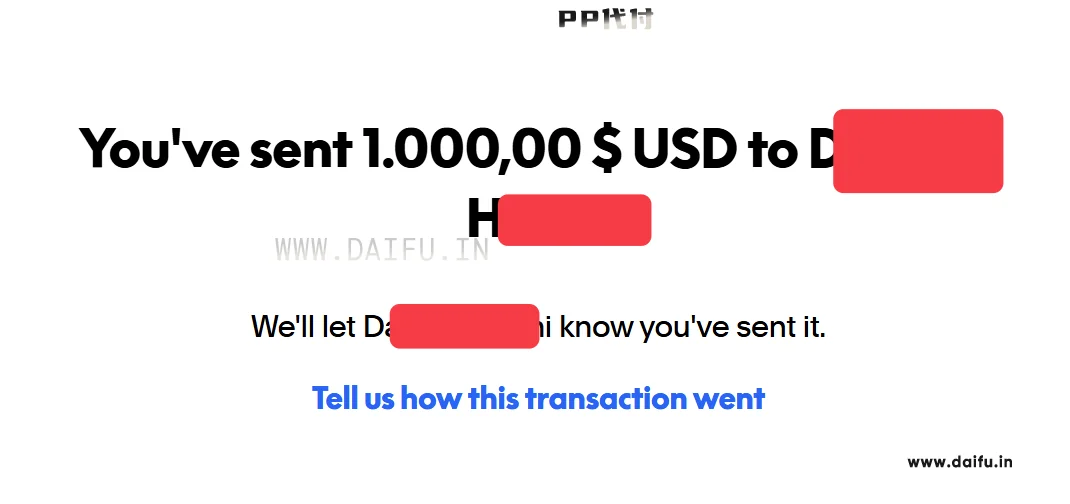 PayPal代付转账成功页面,1000美元已发送给收款人