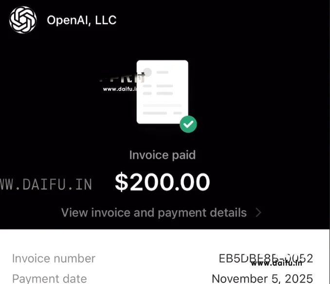 OpenAI账单已支付页面显示200美元Invoice