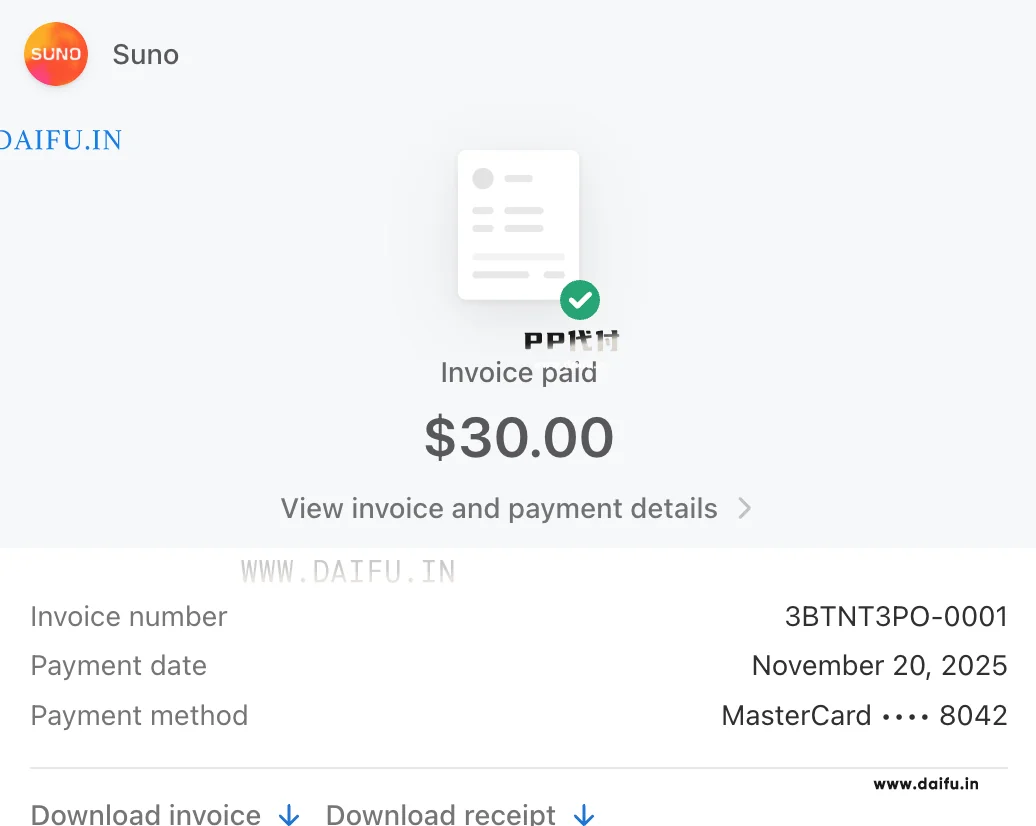 Suno支付成功页面，显示发票已支付30美金，使用MasterCard尾号8042
