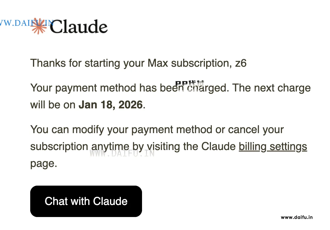 Claude邮件确认Max订阅已扣款，下次扣费日期提示，VISA虚拟卡代付留底
