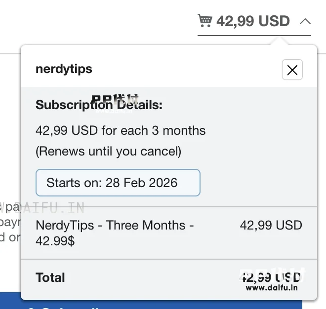 PayPal订阅详情显示NerdyTips每3个月自动续费与起始时间
