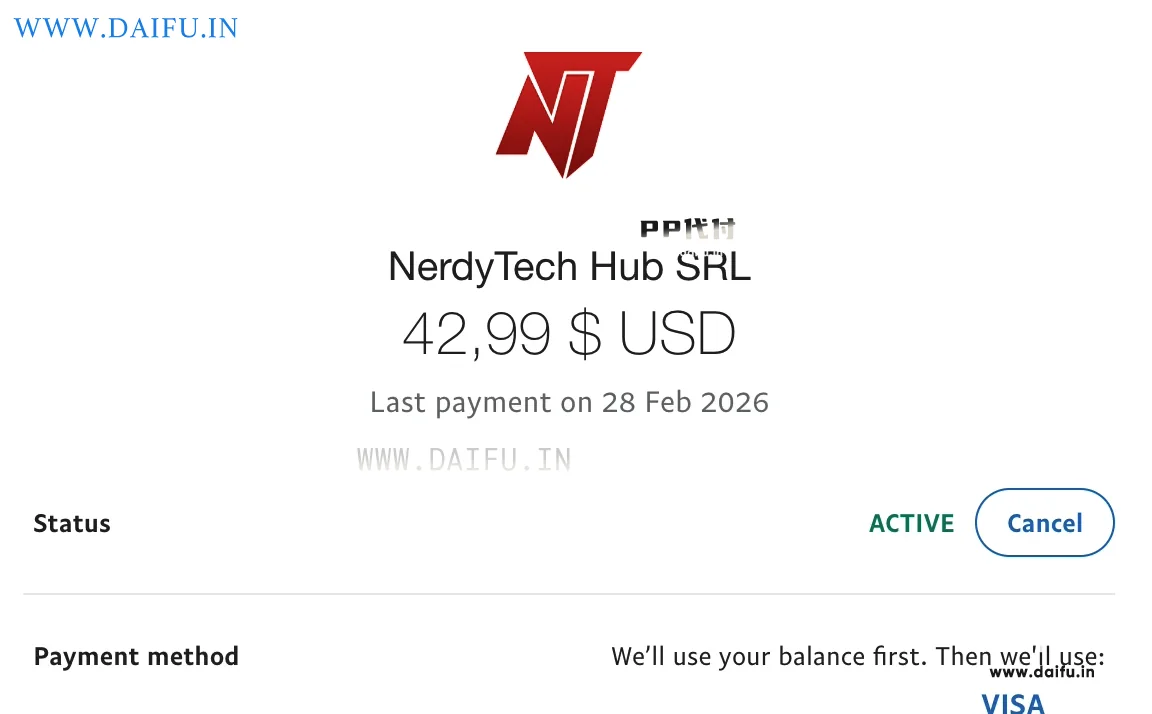 PayPal扣款42.99美元后显示Active状态与Visa支付方式