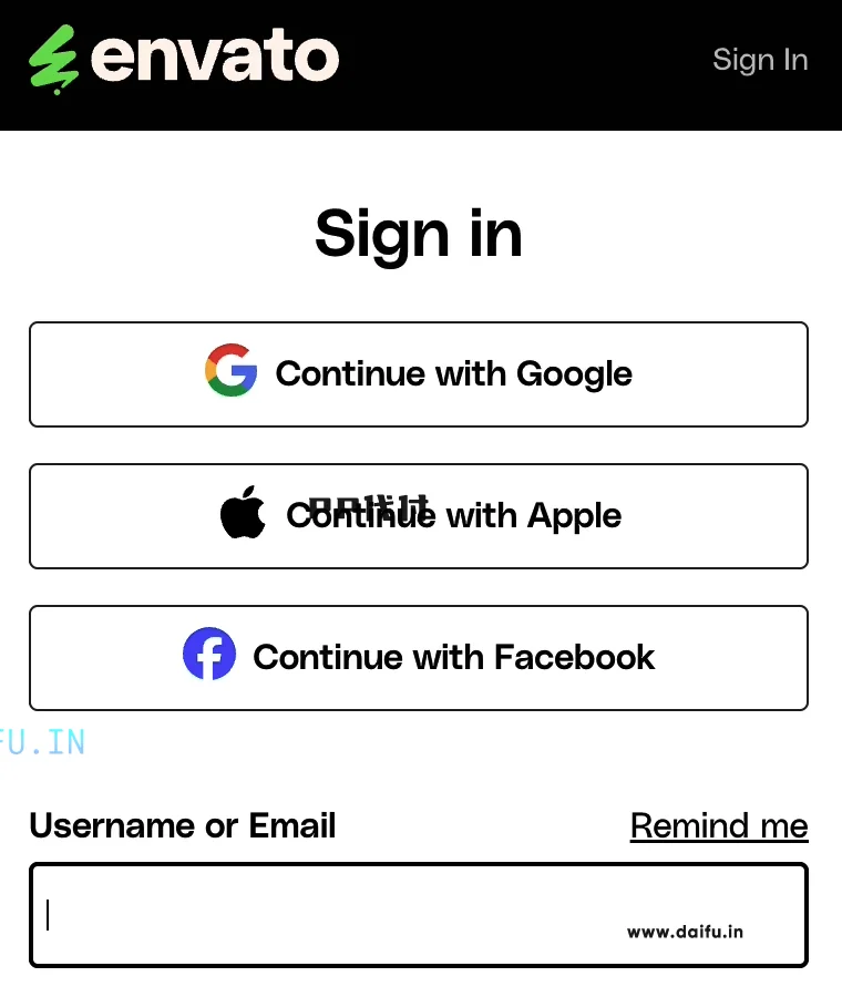 Envato 登录页截图，第三方登录与邮箱登录入口同时出现