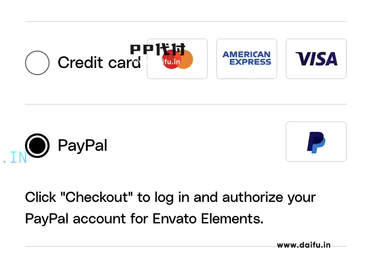 Envato 支付页显示信用卡与 PayPal 两种方式的截图