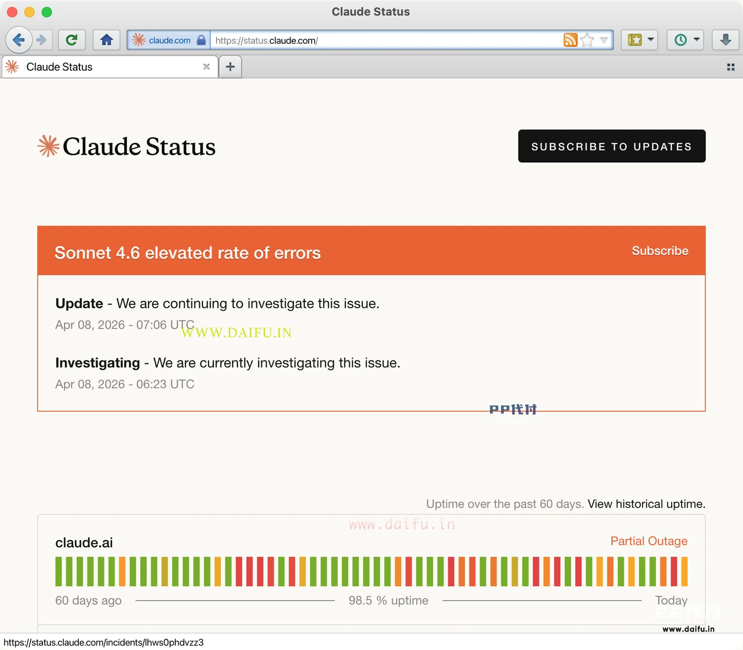 Claude官方状态页显示Sonnet 4.6错误率升高，说明服务波动和Claude代订阅支付不是一回事